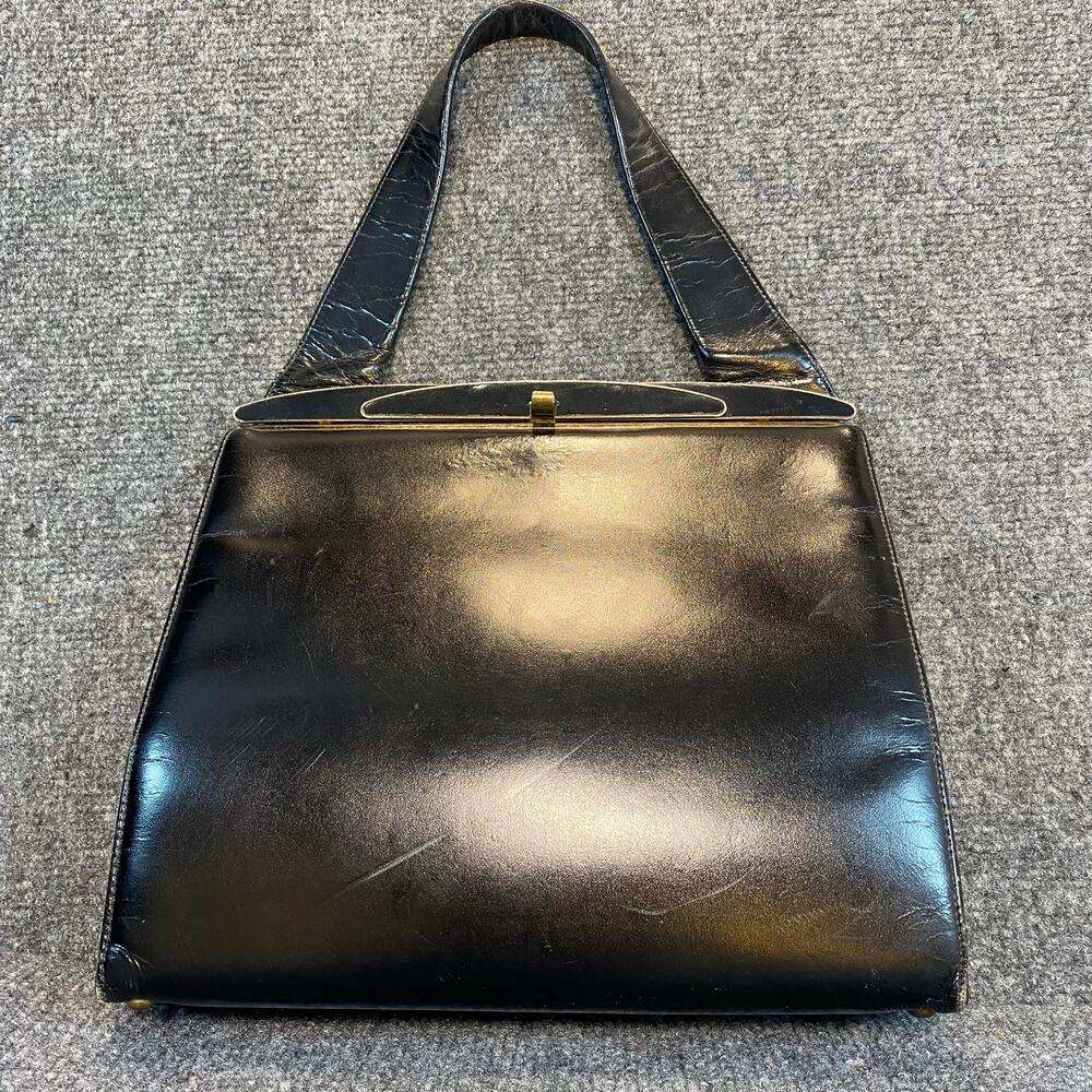 Vintage Mid Century Modern Black Top Handle Leather Handbag with Gold Tone Clasp